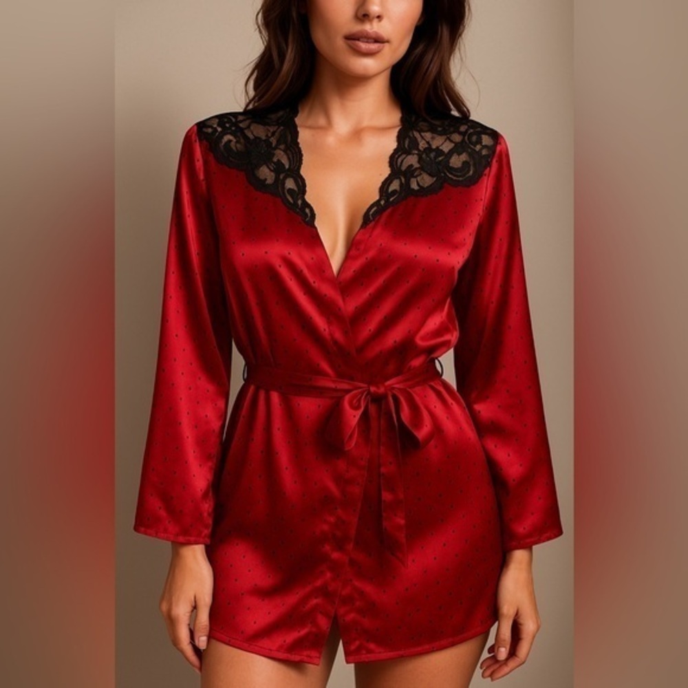 Victoria’s Secret Red Satin Lace Shoulder Robe – Size M